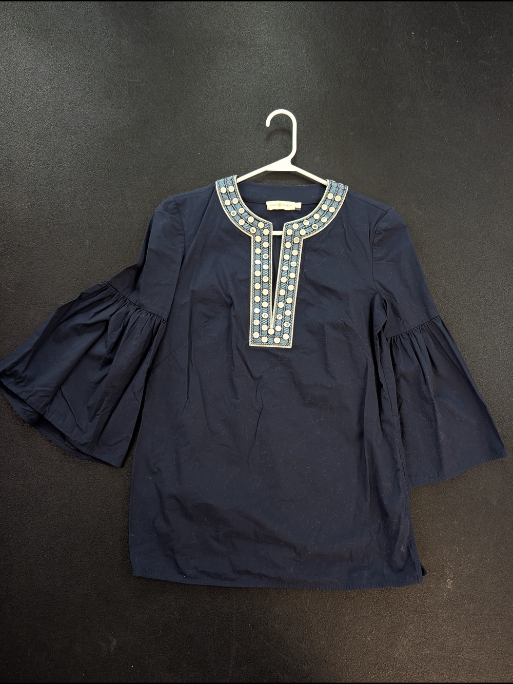 Tory Burch Navy Blue Embellished Neck Bell Sleeve Top/Tunic Size 4